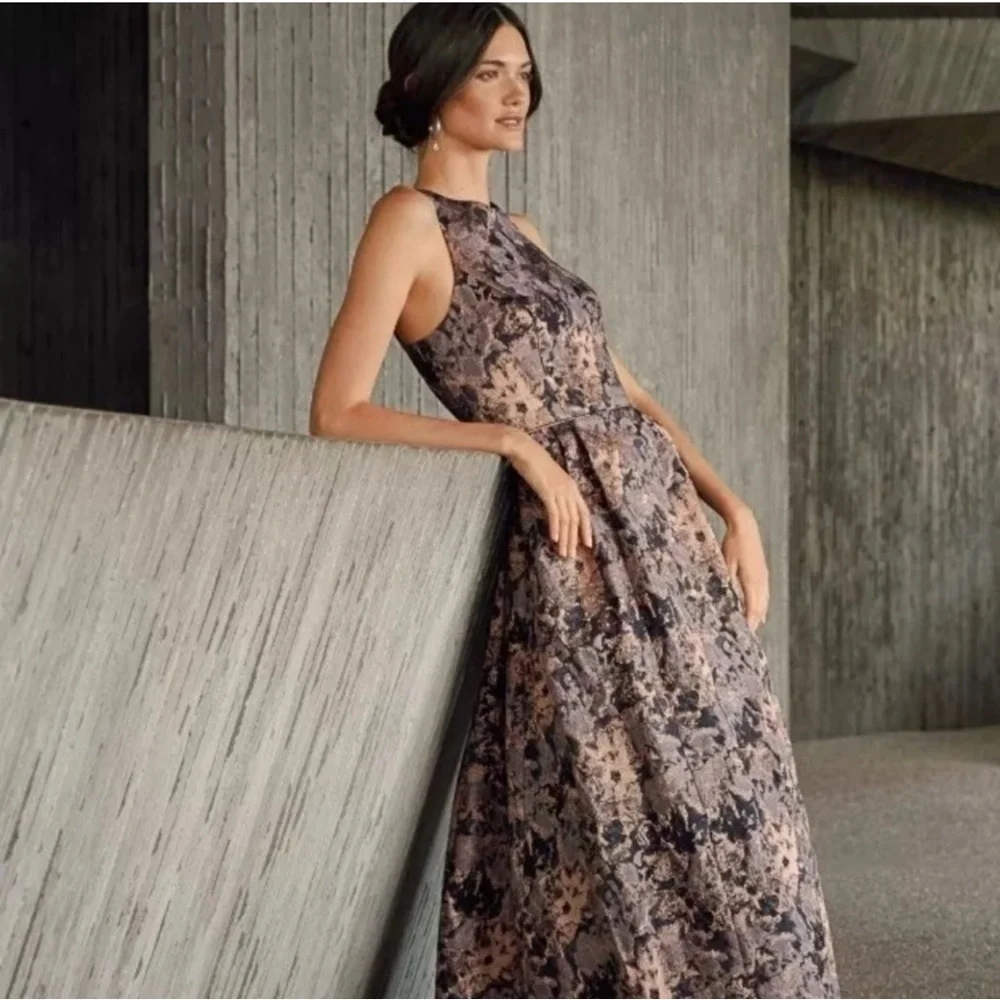 JOHNNY WAS Bronze Metallic Jacquard Sleeveless Pleated Maxi Dress Ball Gown